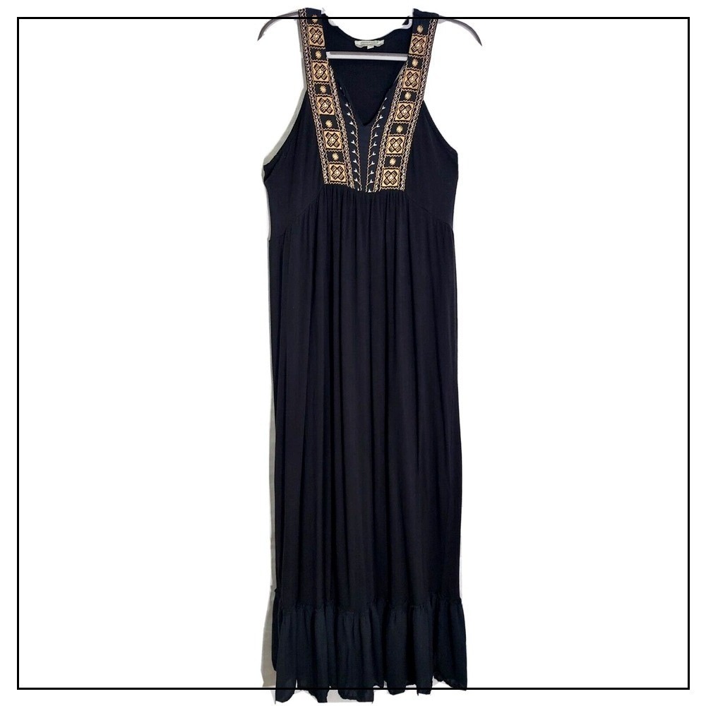 World Market Dress S M Maxi Black Embroidered Racer‎ Back Ruffle Festival Boho